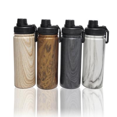 China Sustainable Design Wood Grain Wide Mouth Double Wall Vacuum Sports Water Bottles for sale