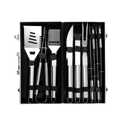 China Aliker 10PCS BBQ Grill Tool Kit Easily Cleaned Stainless BBQ Accessories With Aluminum BBQ Sticks Box Packing for sale