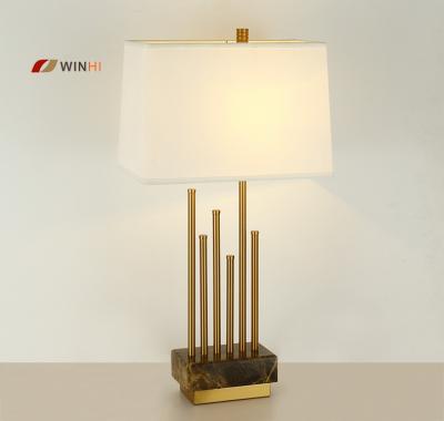 China European luxury modern base modern brass marble decoration gold fabric hotel project bedside table lamp for sale