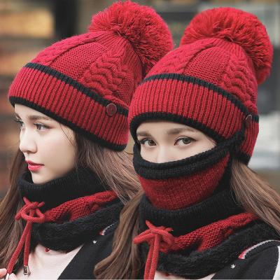 China 2Pcs/Set COMMON COMMON Wool Knitted Ski Cap Windproof Women Winter Pom Pom Beanie Hats And Scarf Sets Warm for sale