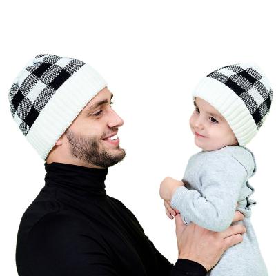 China COMMON COMMON Matching Family Hats Parent Kid Winter Knit Warm Plaid Beanie Hat for sale