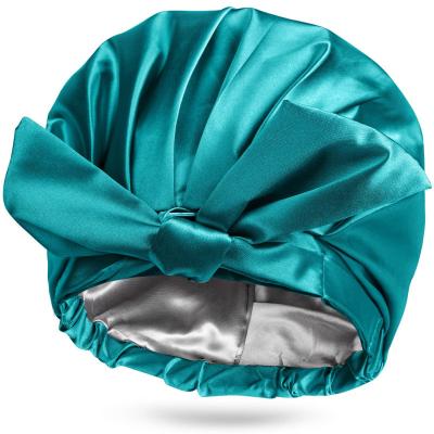 China Hot sale polyester hair protaction turban women dry hair pure solid silk hat with Bowknot for sale