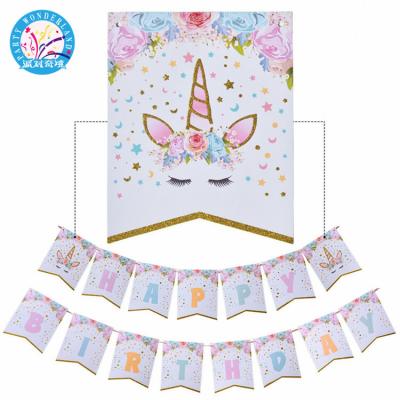 China Glowing Party Decoration Unicorn Happy Birthday Baby Shower Kids Party Decor Cartoon Bunting Banner Flags Unicorn Gifts Supplies Banner for sale