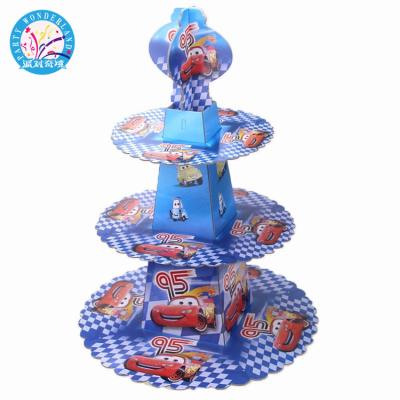 China Party Decoration 3-Tier Cartoon Image Car Kids Birthday Party Decoration Cake Stand Cake Baby Shower Props Chocolate Paper Socket for sale