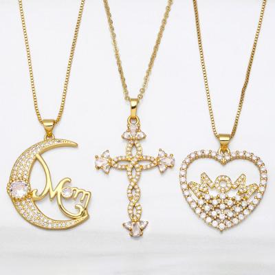 China Trendy Vintage Heart Zircon Copper Gold Plated Accessories Chain Pendant Necklace For Mom Gifts Party Wedding Wholesale for sale