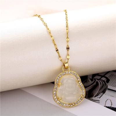 China 2022 Vintage Maitreya Buddha Gold Plated Chain Jewelry Green Broken Glass Stone Charm Pendant Necklace For Women Party Wedding Wholesale for sale