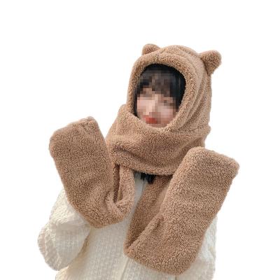 China The new short Korean version of the three-piece hooded ladies padded bear hat scarf one scarf warm cute winter for sale