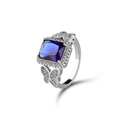 China Hot Sale Custom Made CLASSIC 925 Large Light Royal Blue Serling Couple Silver Zircon Sapphire Square Stone Wedding Rings for sale