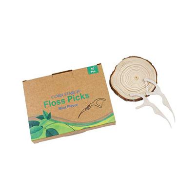 China Eco-friendly Mint Toothpicks Daily Use Factory Based Dental Floss Stick Corn Straw Handle Biodegradable Dental Floss Picks With Kraft Paper Bag for sale