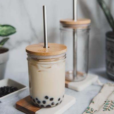 China 16oz 24oz Viable Reusable Glass Tumblers Smoothie Cups Boba Bubble Tea Jars Wide Mouth Mason Jars with Bamboo Lid and Stainless Straw for sale