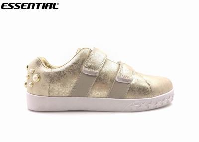 China Luxuary-Damen Freizeitschuhe perlten Ferse velcros Goldmetallische PU zu verkaufen