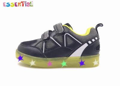 China Smooth PU Material Kids Light Up Trainers Two Buckle Straps Black PU And Denim Upper for sale