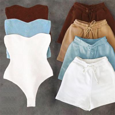 China Anti-pilling Sweatsuit Shorts Off Shoulder Outfits Wholesale 2 Pieces Set Women Biker Shorts With Wetsuit Set for sale