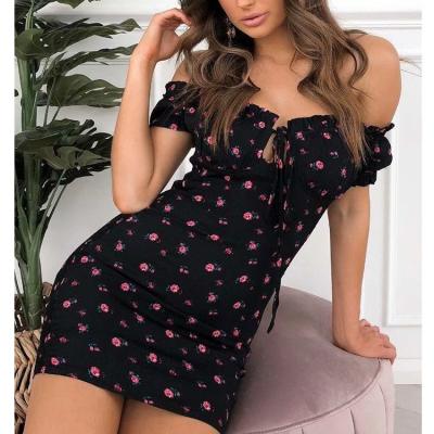 China Women Breathable Off Shoulder Floral Print Dumbbell Sleeve Pleated Waist High Buttoned Dress Mini Dress Summer Holiday Dress for sale