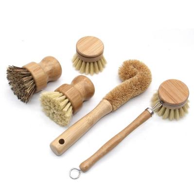 China Sisal Palm Heather Palm Sisal Brush Handle Pot Handle Viable Bamboo Short Round Dish Wooden Handle Kitchen Washing Brush for sale