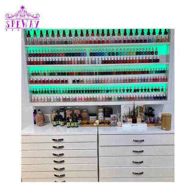 China 2021 Custom cheap White Moderan Foshan salon nail polish cabinet rack display with led light for sale