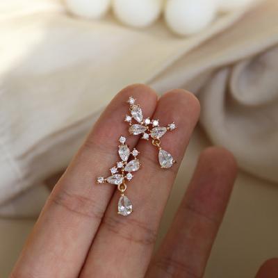 China TRENDY 14K Gold Plated Korean Minimalist Jewelry Classic Small Leaf Flower Bead Drop Zircon 925 Sterling Silver Stud Earrings Women for sale