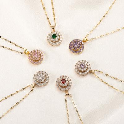 China Fashion/Eco-friendly/Waterproof/Sustainable/Washable Vintage Jewelry Round Purple Charm Colorful Kpop Diamond Stainless Steel Water Chain Pendant Necklace for sale