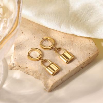 China Lead Free/Nickel Free/Eco-Friendly/Stainless Steel Fashion Statement Gold Plated Geometric Lock Charm Huggie Drop Earring Women Jewelry Wholesale for sale