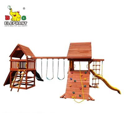 China Outdoor Wooden Playground Safety Wood Double Game Center Slide Swing Set For Kids for sale