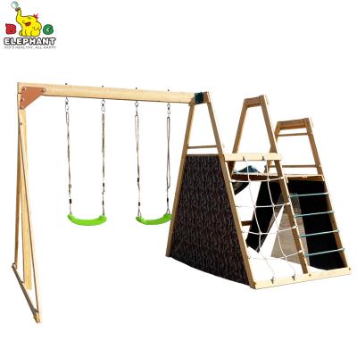 China Sun Climb Wood Frame - Outdoor Wood Swing Set With Climbing Net And Slide for sale