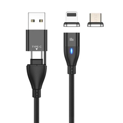 China MP3/MP4 Player Hot Selling Amazon Phone Accessories 3 in 1 USB 540 Degree Obvious Flowing Magnetic Charging Cable Luminous for Micro/Type-C/i-produc for sale