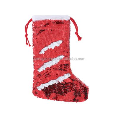 China Double Sides Printing Custom Sublimation Printable Blank Sequin Christmas Tree Canvas Hanging Stocking for sale