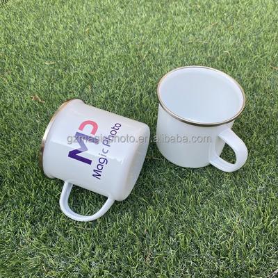 China Custom Viable Blank Sublimation White Logo 12oz Glaze Metal Camping Ceramic Mug for sale