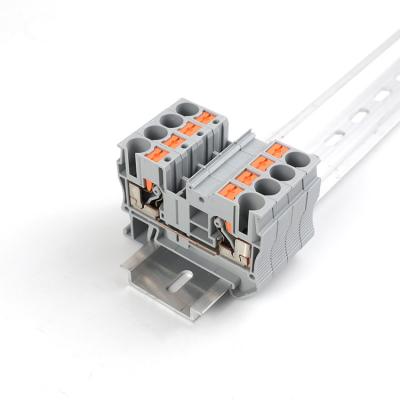 China Wire Connecting PT 6 Spring Cage AC DC Power Through Screwless Wire Connector Quick Pluggable Flattening Wiring Electrical Din Rail Terminal Block for sale