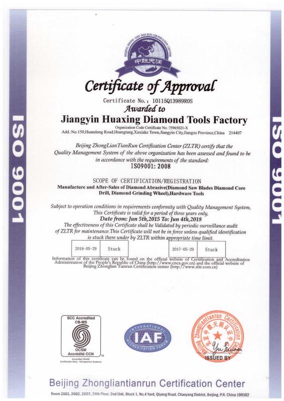 ISO9001-2008 Certificate-English Version - Jiangyin Huaxing Diamond Tools Factory