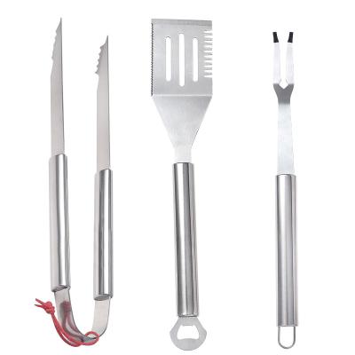 China Easily Cleaned BBQ Accessories 3pcs Stainless Steel BBQ Tool Kit Set With Slotted Turner BBQ Fork Tongs for sale