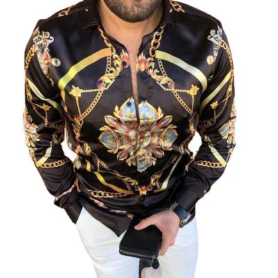 China Party Style Men's Slim Fit Shirts Breathable Satin Hot Punk Casual Silk Print Long Sleeve Shirts for sale