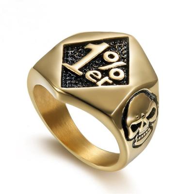 China Environmental Friendly Skull Pirate Movie Ring Logo Men Ring Engraved 1% One Percent Design Stainless Steel Gold Skull Ring Jewelry for sale