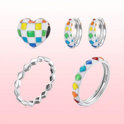 China New Ring Jewelry Set Personalized Design 925 CLASSIC Rainbow Checkerboard Earrings Silver Jewelry for sale