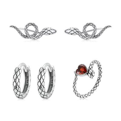 China New CLASSIC snake pattern earrings 925 sterling silver retro wind snake dark earrings ring jewelry set for sale