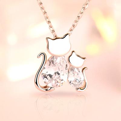 China FASHIONABLE Zircon 925 Sterling Silver 3A Plated Platinum Two Cat Necklaces for sale