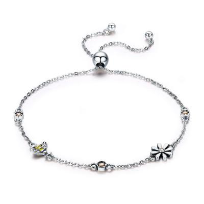 China Fashion Personalized BOHEMIA SCB061 CZ Stone Cute Bee Charm Bracelet Women Flower Daisy 925 Silver Jewelry Adjustable for sale