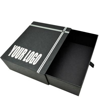 China Recycled Materials Black Texture Paper Draw Out Style Box With Black Ribbon Pull Out Draw Style Gift Box For Garment for sale