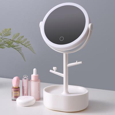 China Multifunctional Cosmetic Mini Led Mirror Lighted With Tray Led Rotatable Travel Makeup Mirror With Led Light for sale