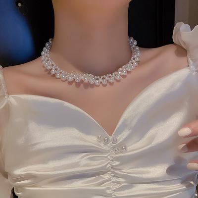 China Wholesale New Vintage Pearl Necklace Stainless Steel Korean Classic White Beaded Necklace Women's Necklace for sale