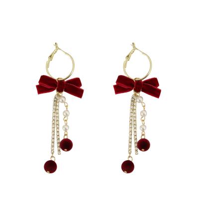 China 2022 new CLASSIC wine red bow earrings women pearl earrings tassel earrings wholesale for sale