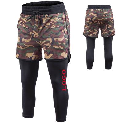 China Anti-wrinkle Custom LOGO New Camouflage Elastic Quick Dry Capris Double Piece 2 Piece Men Sport Running Shorts Fitness Training Wear for sale