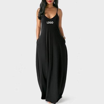 China Hot Sale Summer New European and American Style Customized Logo Anti-Static Plus Size Women's Solid Color Sexy Deep V Strap Long Dress for sale