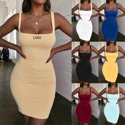 China Anti-Static LOGO Custom Made Halter Sleeveless Solid Color Women Summer Sexy Elegant Mini Bodycon Dress One Piece For Night Club Party for sale