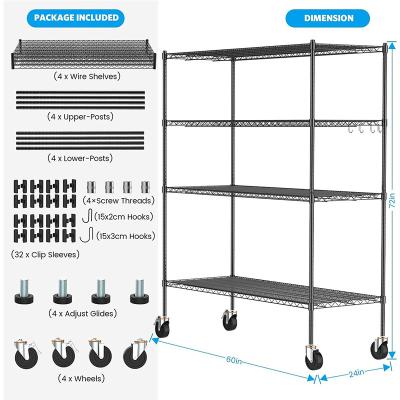 China Multifunctional Kitchen Rack Heavy Duty Organizer, 4 Tires Storage Shelving Kitchen Shelf Unit On Wheel Black Power Coating Wire Shelving Rack for sale