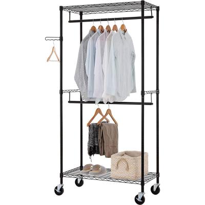 China Multifunctional Black Power Coating Heavy Duty Rolling Garment Rack Clothes Rack With Double Hanger Rods And Shelves for sale