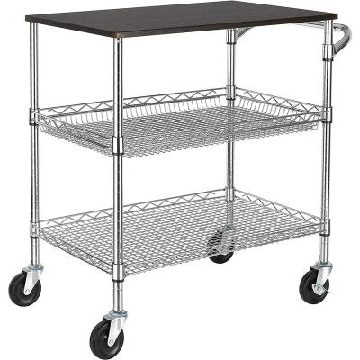 China 3 Tier Universal Heavy Duty Commercial Grade Serving Cart with Wood Top, Wire Rolling Cart with Handle Bar, Steel Serving Cart with Wheels for sale