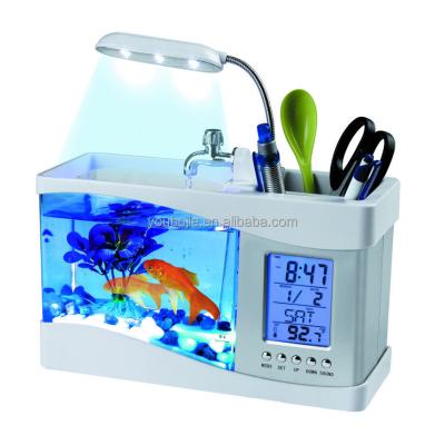 China 2021 New Mini Aquarium Fish Tank With Small Viable USB Aquarium Pen Holder Led Light Office Clock For Christmas Gifts for sale