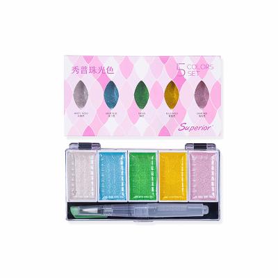 China Bright Color 5 Colors Painting Solid Watercolors Color Metallic Pearl Paint Set Water Color With Brush Pen for sale