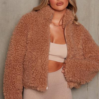 China 2021 Sustainable Berber Fleece Teddy Fuzzy Zip Up Women Coat With Open Pockets Cardigan Sherpa Jacket for sale